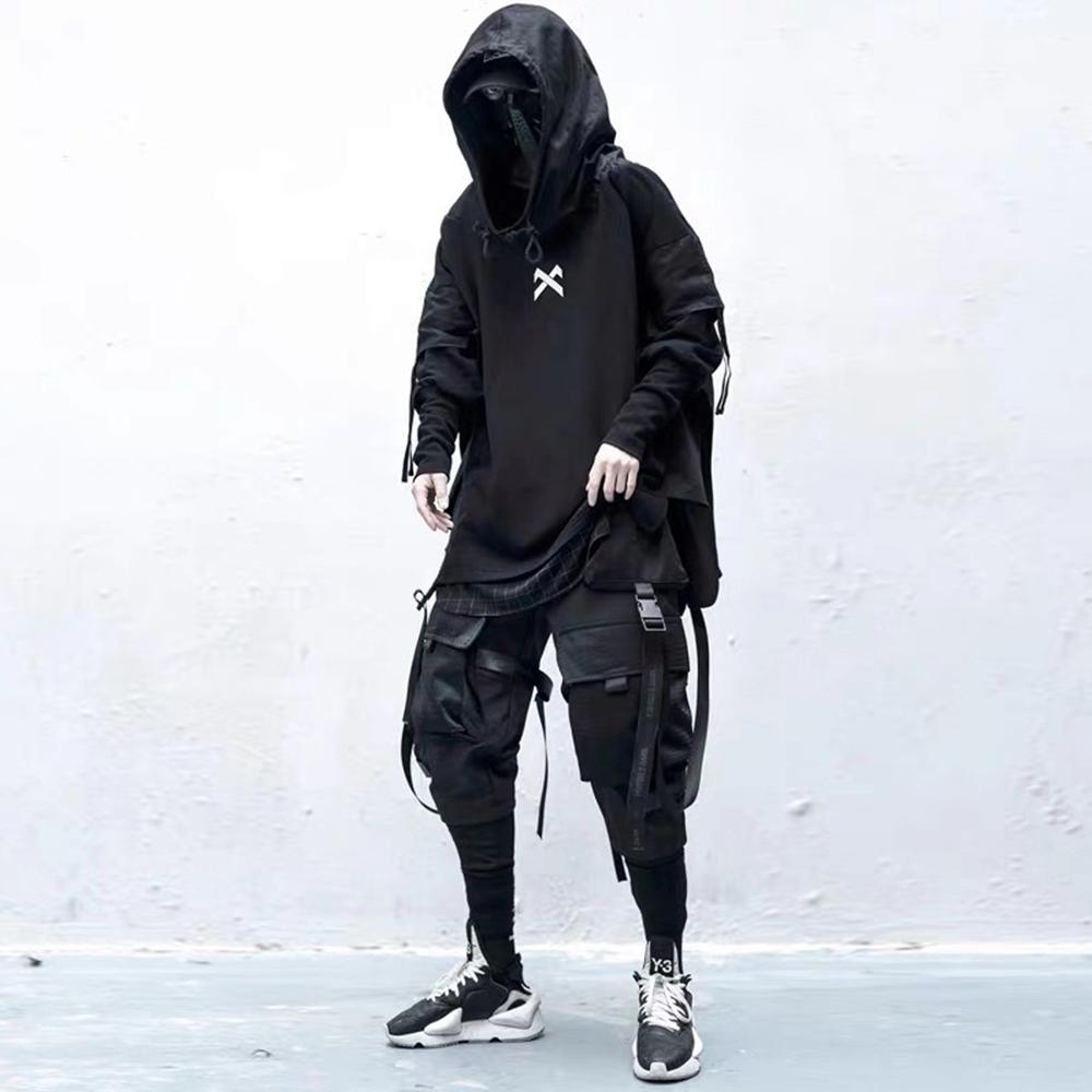 DARK Japanese Streetwear Man Hoodies Hip Hop Embroideried Pullover Patchwork Fake Two Darkwear Tops Techwear Hoodies