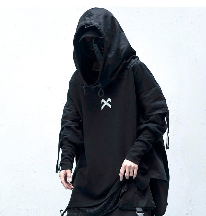 DARK Japanese Streetwear Man Hoodies Hip Hop Embroideried Pullover Patchwork Fake Two Darkwear Tops Techwear Hoodies