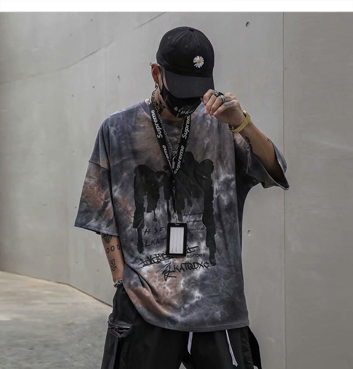 Tie Dye Print T Shirt Men Vintage Casual Cotton Tshirt Male Harajuku Streetwear Short Sleeve Shirts Hip Hop