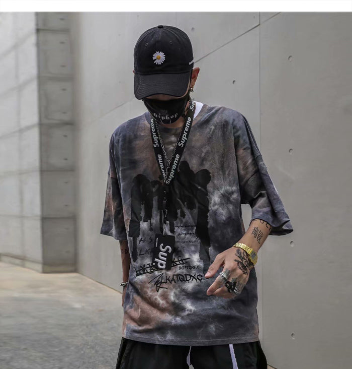Tie Dye Print T Shirt Men Vintage Casual Cotton Tshirt Male Harajuku Streetwear Short Sleeve Shirts Hip Hop
