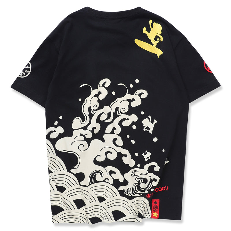 Japanese Style Wave Streetwear TShirts Mens Embroidery Short Sleeve T-shirts Harajuku Hip Hop Cotton Loose Tees Shirts