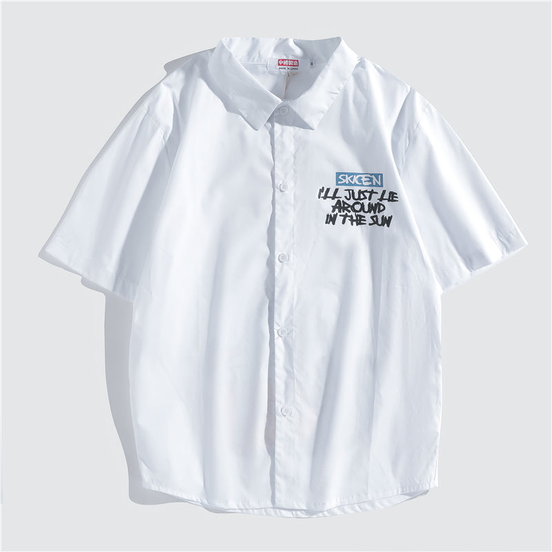 Japanese Style Cat Print White Shirts Mens Casual Short Sleeve Shirt Male Fashion Cotton Shirts Tops Clothing