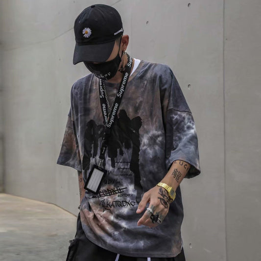 Tie Dye Print T Shirt Men Vintage Casual Cotton Tshirt Male Harajuku Streetwear Short Sleeve Shirts Hip Hop