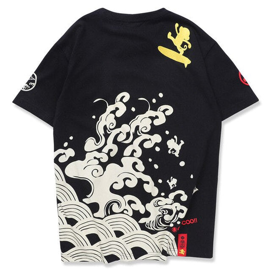 Japanese Style Wave Streetwear TShirts Mens Embroidery Short Sleeve T-shirts Harajuku Hip Hop Cotton Loose Tees Shirts